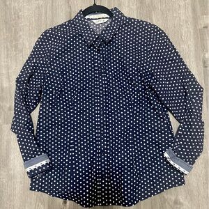 Orvis‎ women’s navy & white polka dot button down shirt, size L